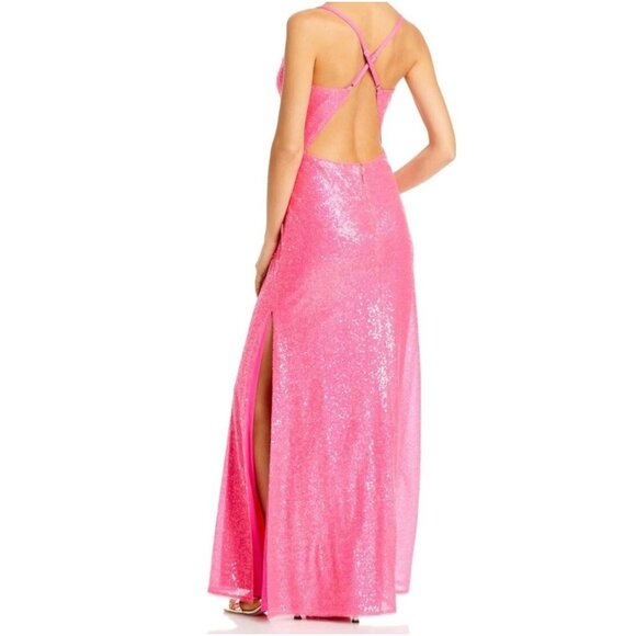 Aqua Formal Gown Womens Size M Pink Sequin Cowl Neck Floor Length Side Slit - Picture 3 of 3